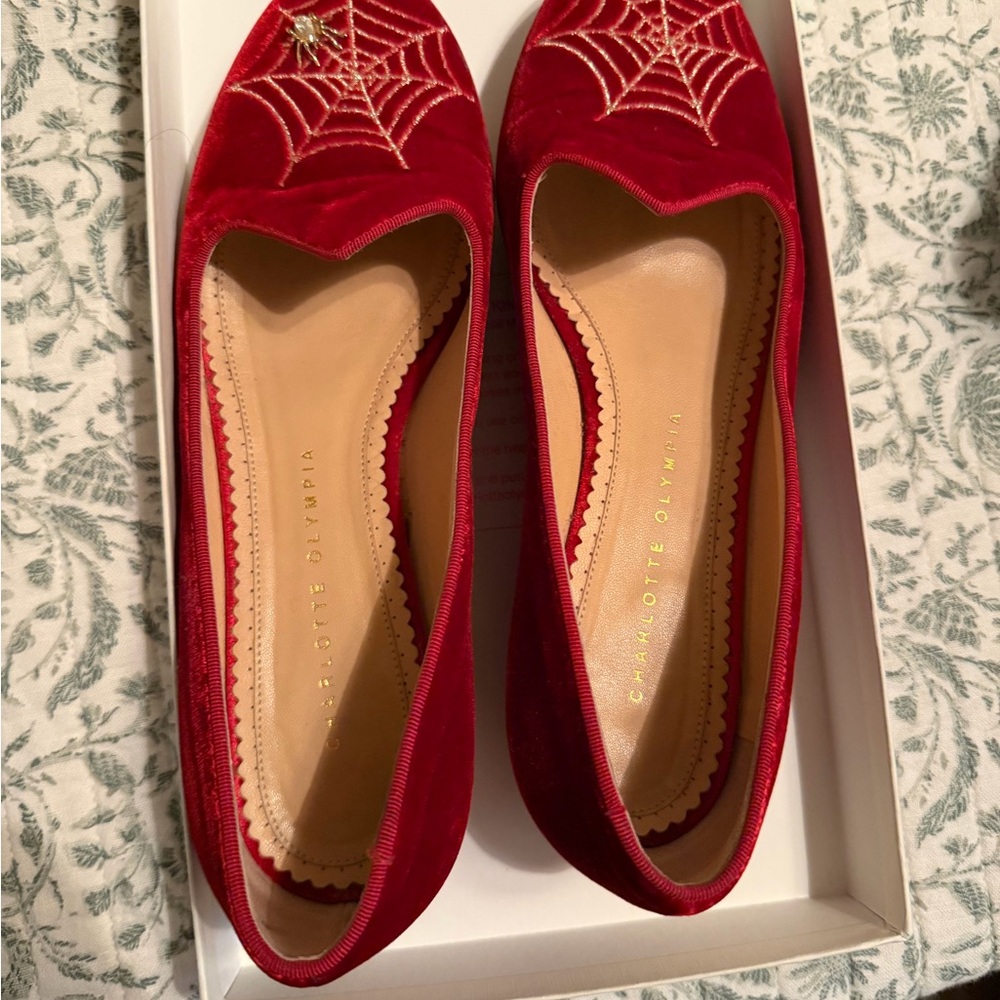 Charlotte Olympia Red Velvet Spider Web Flats - Picture 4 of 12